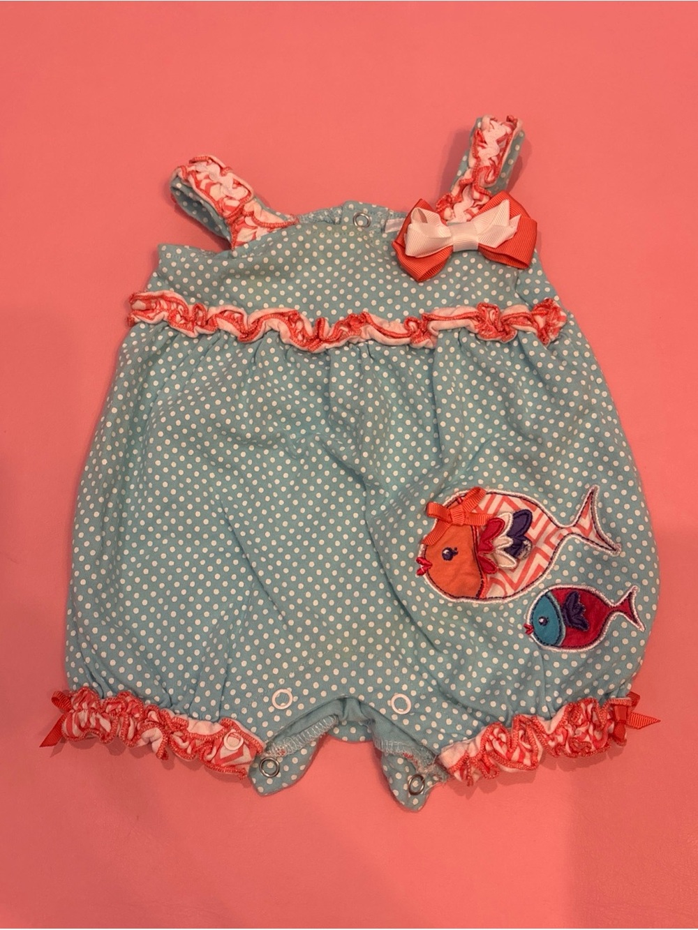 Nursery Rhyme Baby Girls Blue & Pink Ruffled Fish Romper Size 3 Months